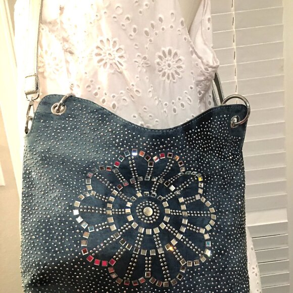 Showstopper Rhinestone Denim & Faux Leather Handbag = See Video - Picture 4 of 9
